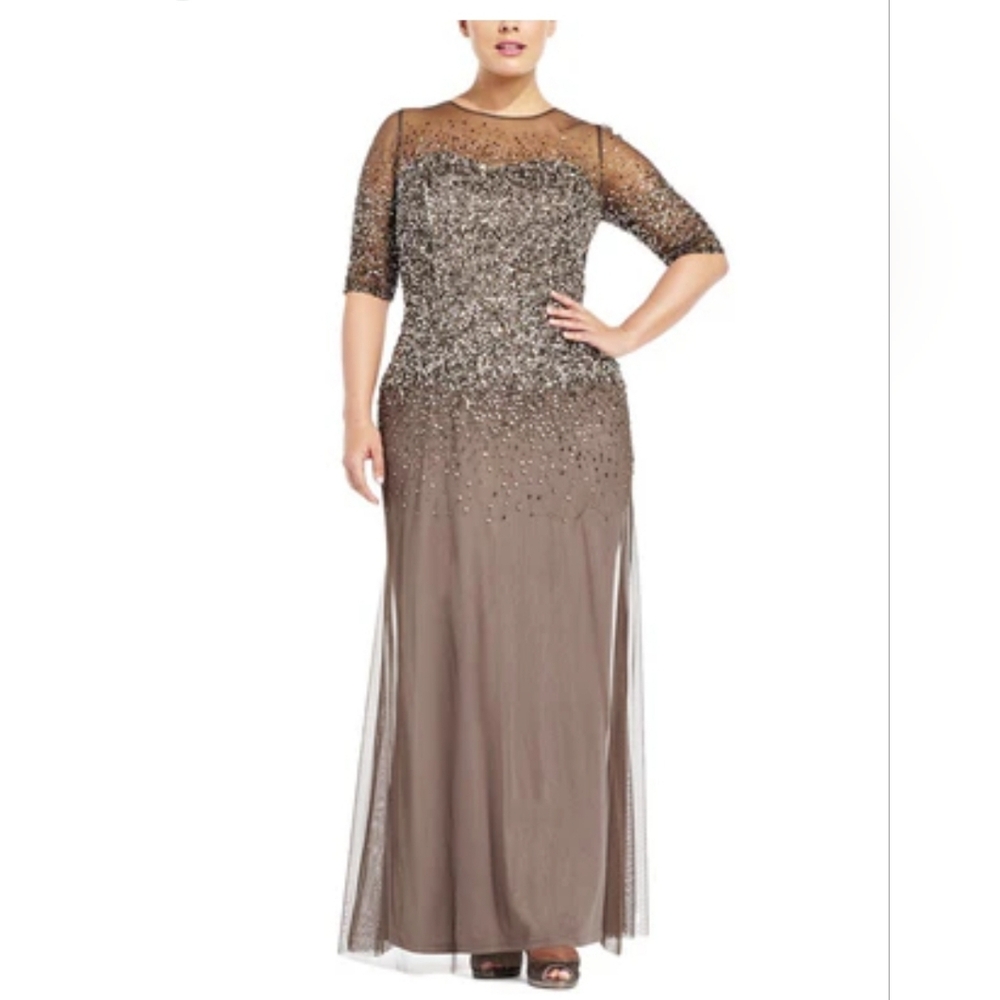 Adrianna Papell Beaded Illusion Mesh Bodice Gown Dress, Size 20 W